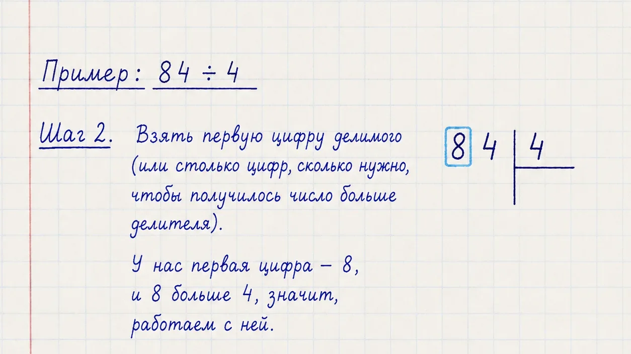Шаг 2: взять первую цифру делимого 8 в примере 84÷4