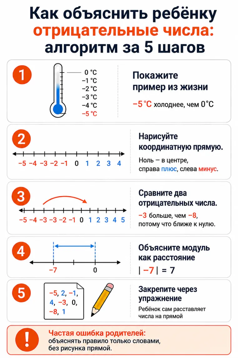 Инфографика для родителей: отрицательные числа, координатная прямая, модуль и сравнение