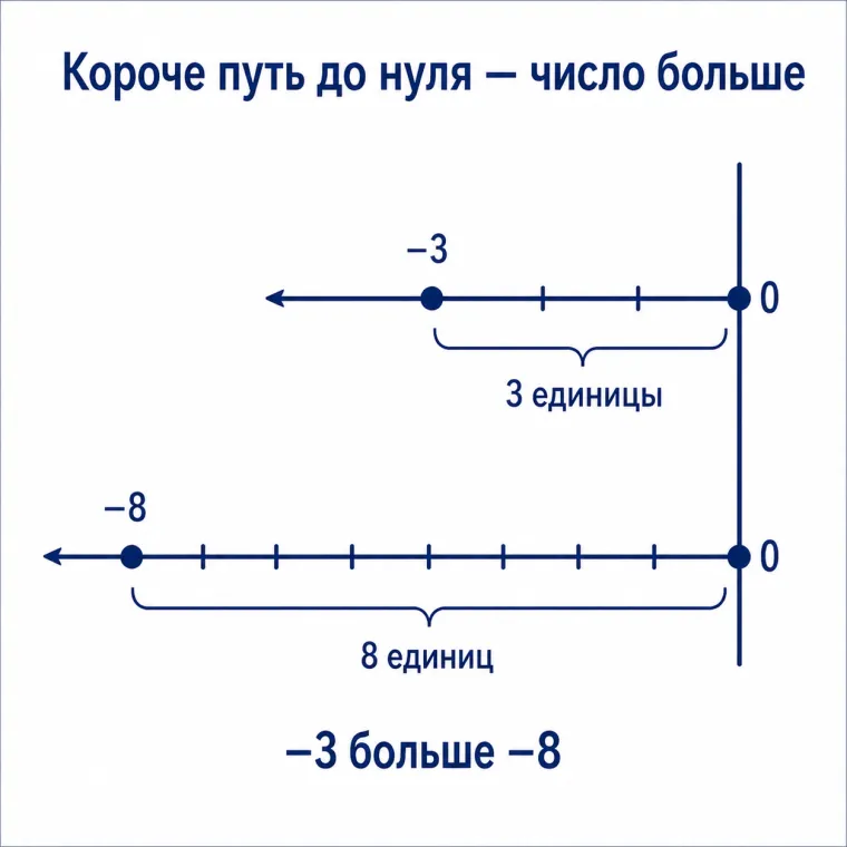 Сравнение отрицательных чисел на координатной прямой: −3 правее −8, значит −3 больше