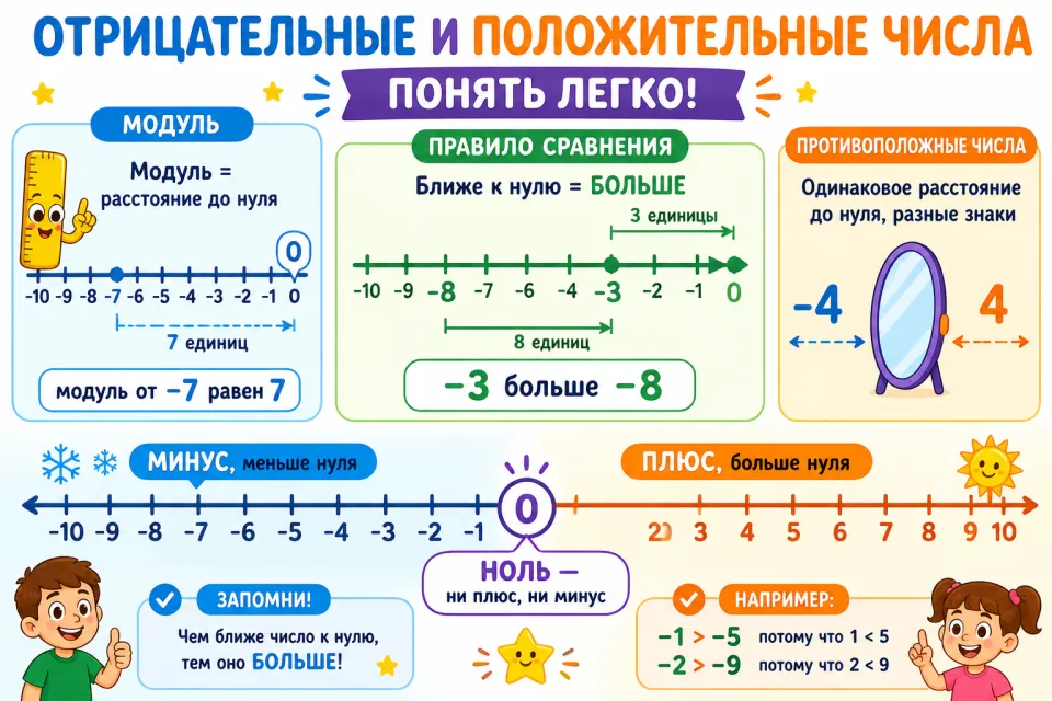 Памятка для детей: положительные и отрицательные числа, ноль, сравнение на прямой