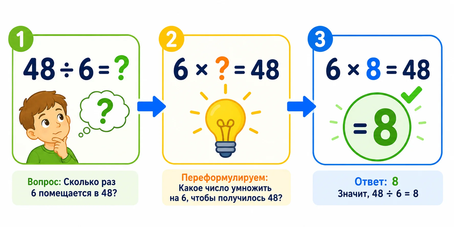 Алгоритм деления через умножение: пример 48 ÷ 6 = 8 в три шага — вопрос, переформулировка, ответ