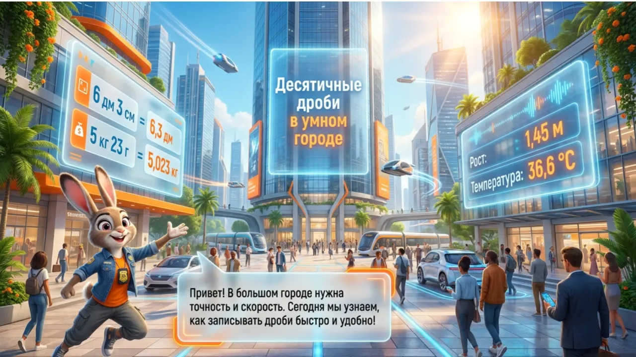 Слайд 1 презентации «Десятичные дроби в умном городе»