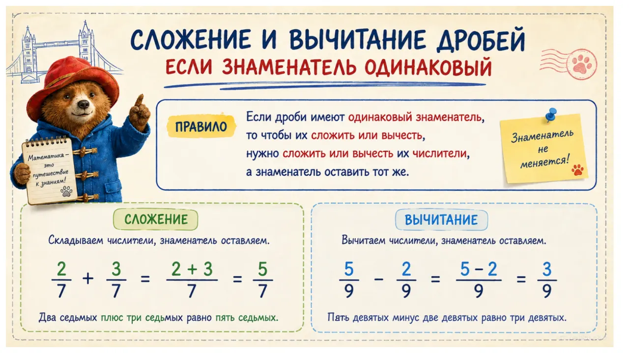 Слайд 2 презентации «Сложение и вычитание обыкновенных дробей»